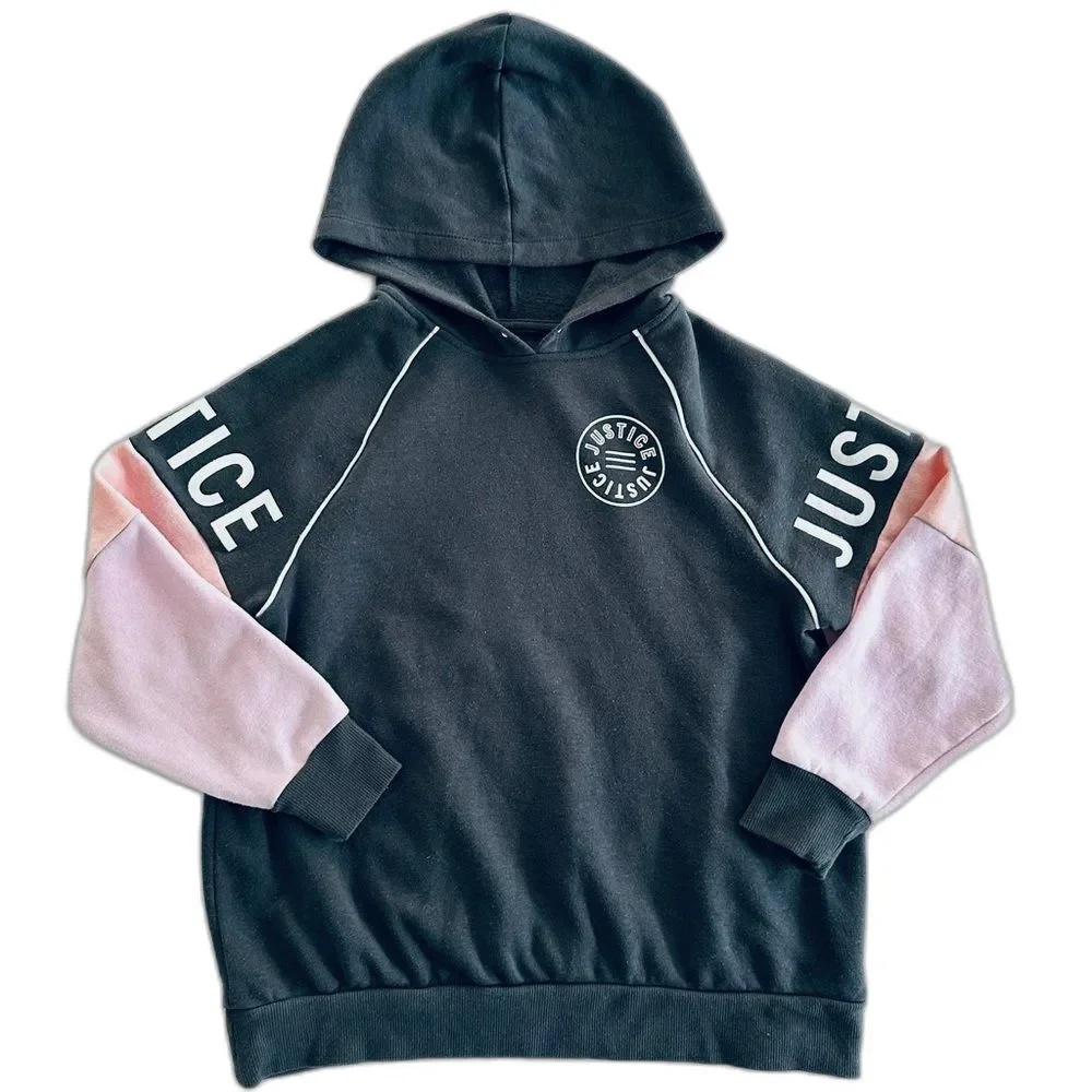 Justice Girls Hoodie Sweatshirt Gray Pink ColorBlock Glitter Sz L 12/14